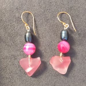 Handmade Sea Glass, Agate, and Pearl Earrings